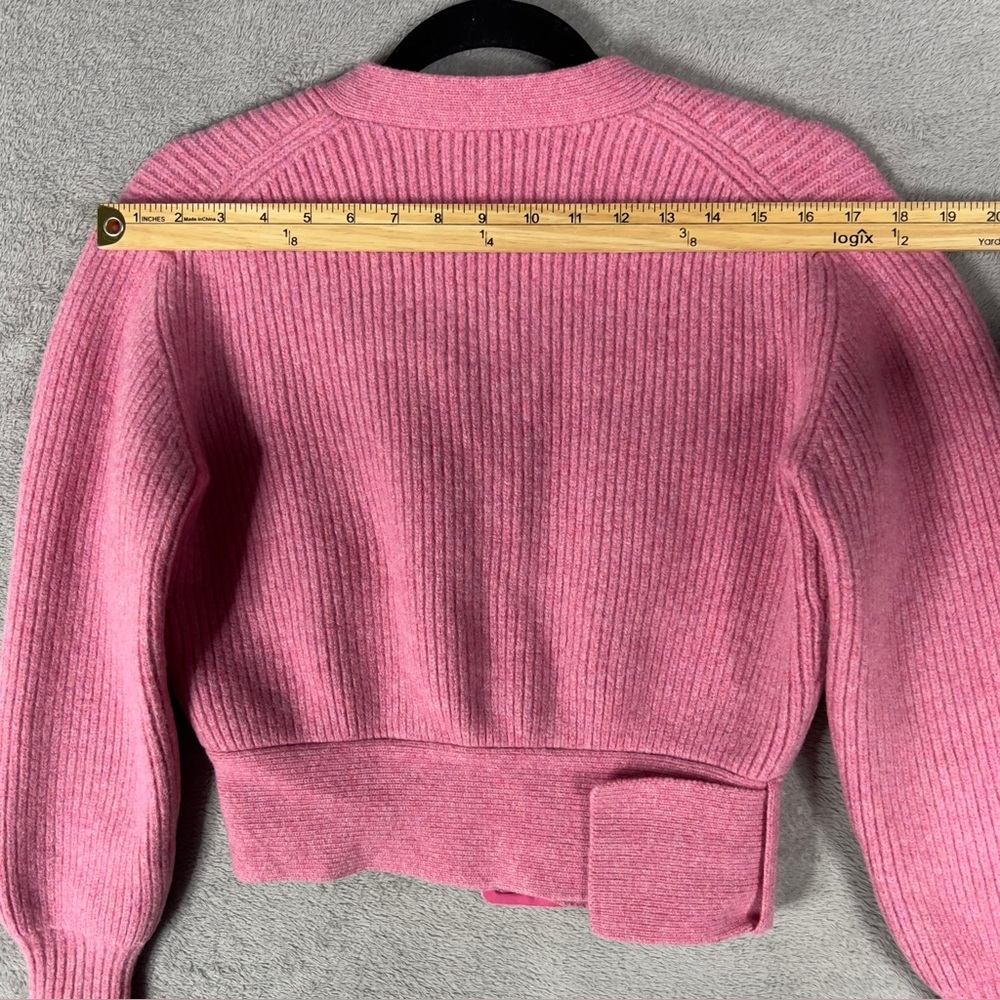 Victoria Beckham Belted Rib-Knit Wool‎ Cardigan Women's Size 2 Pink Sweater - Picture 10 of 11